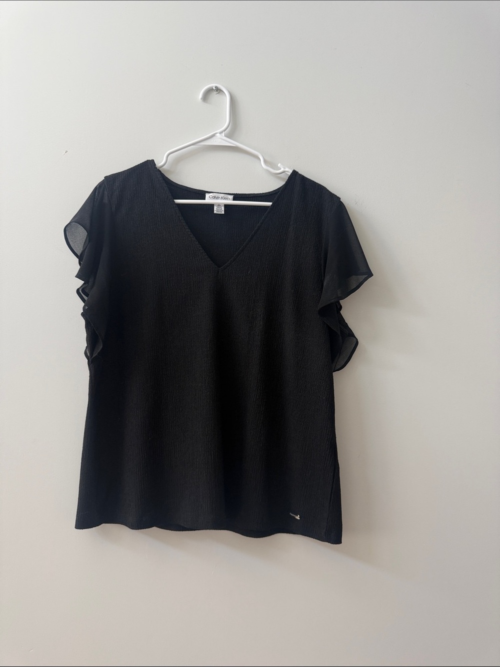 Calvin Klein Black V-Neck Ruffle Sleeve Blouse